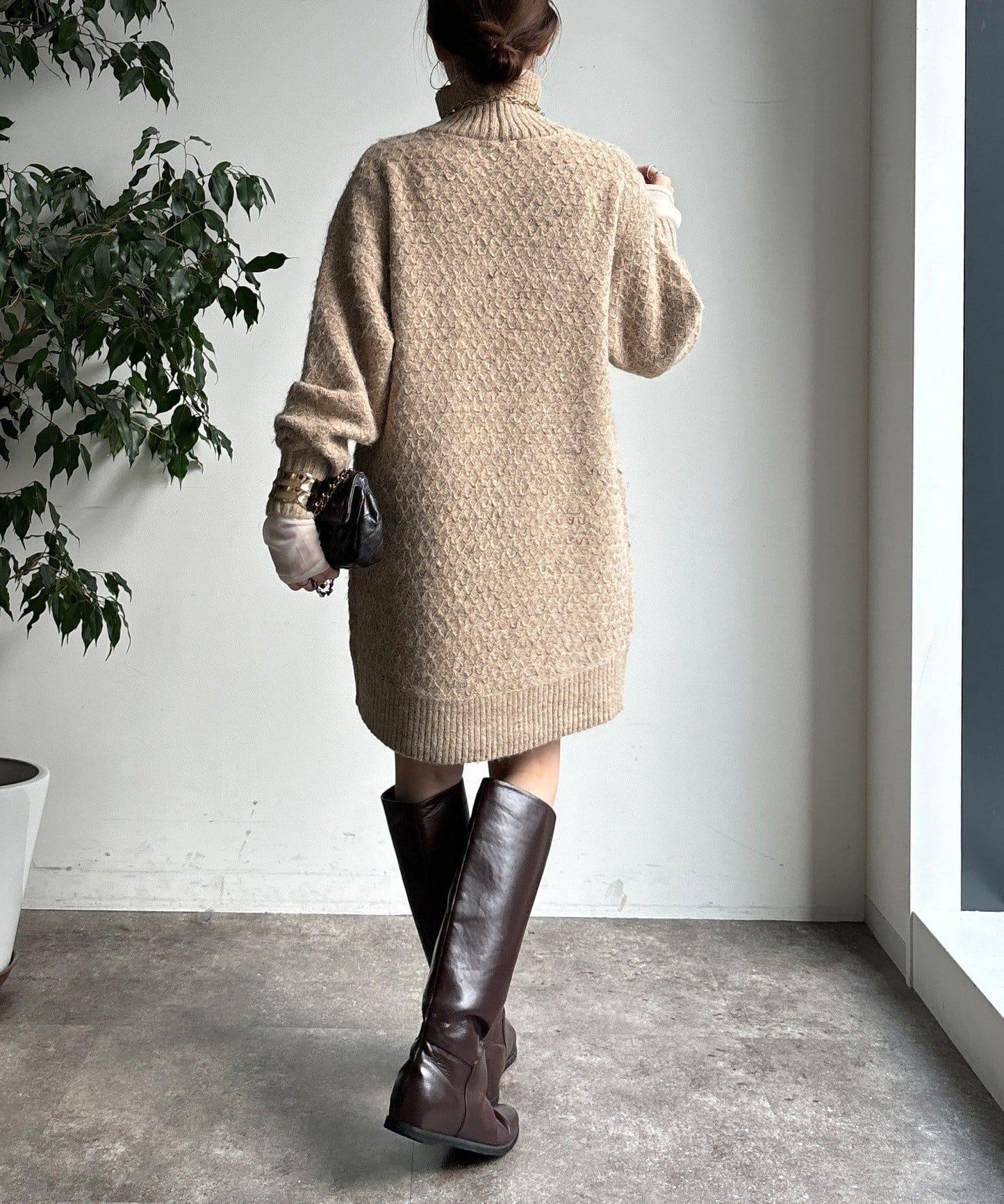 交叉編織高領長款針織衫