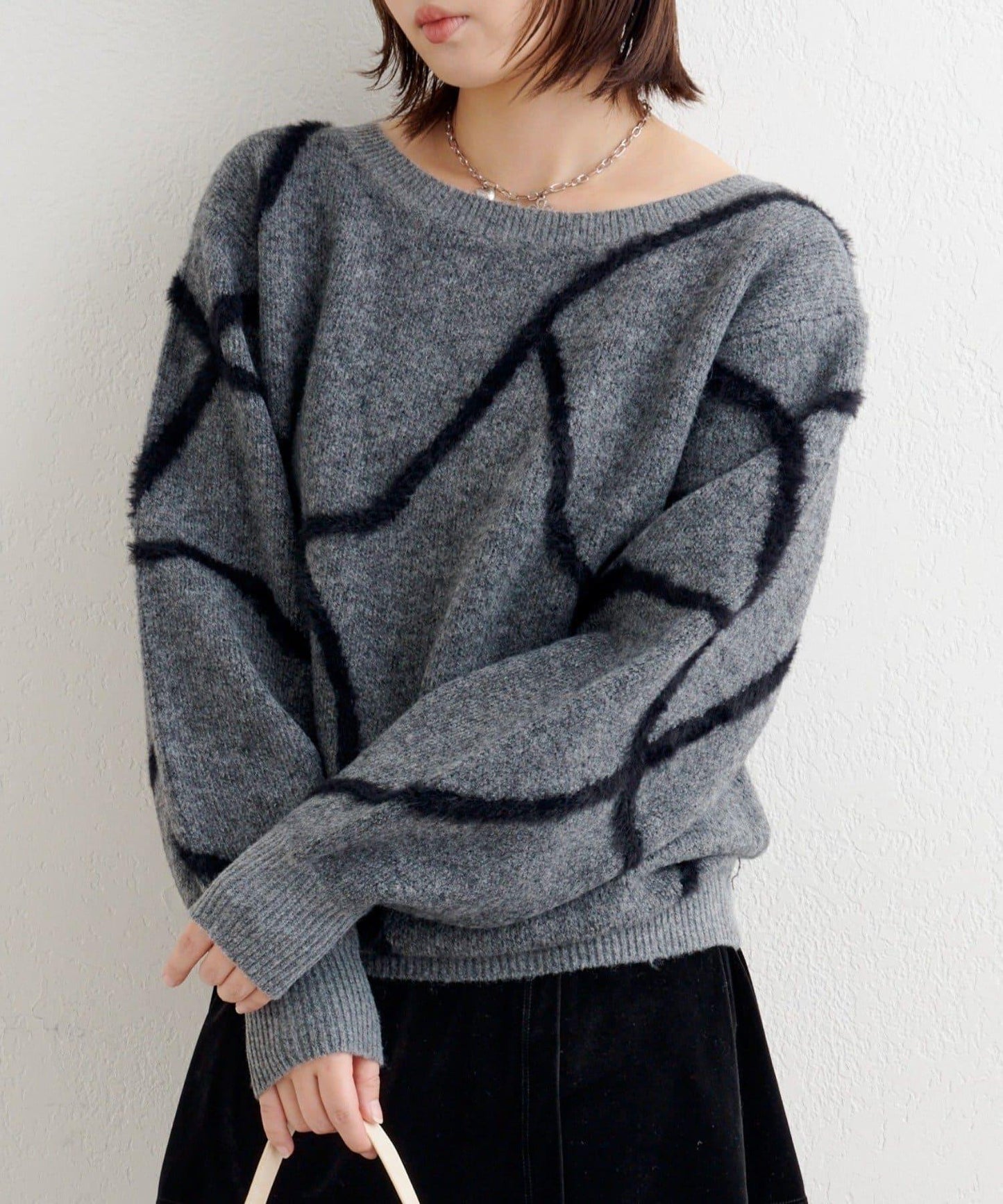 B 長毛線條針織套頭衫