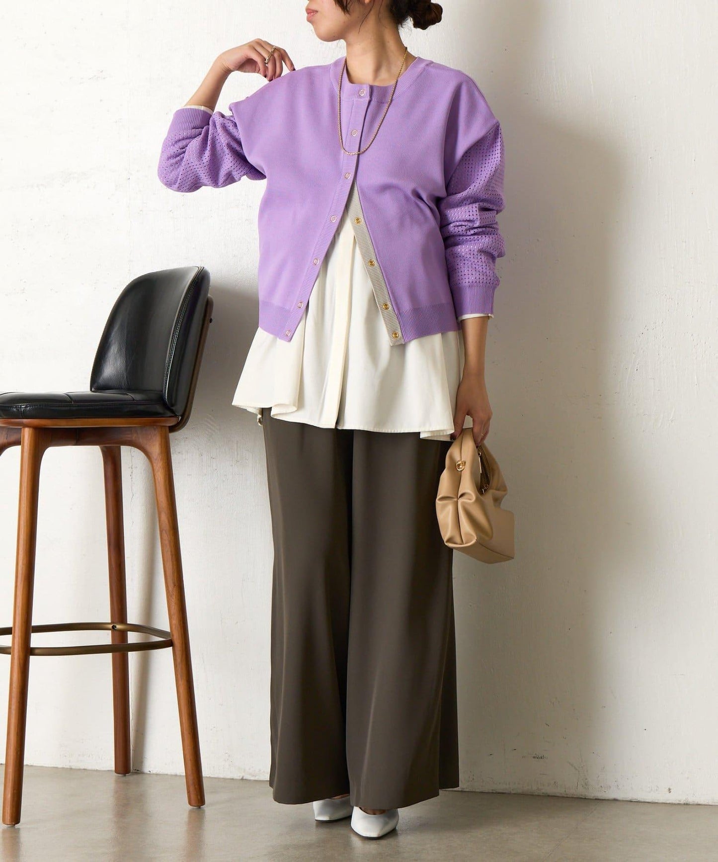 拼接袖網紗兩穿開衫