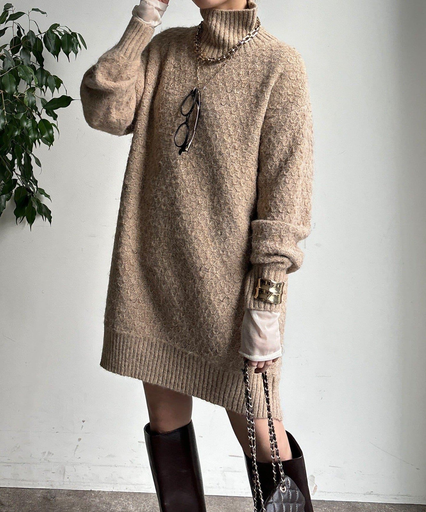 交叉編織高領長款針織衫