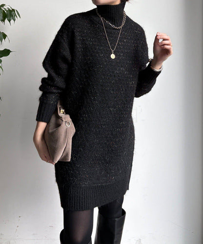 交叉編織高領長款針織衫