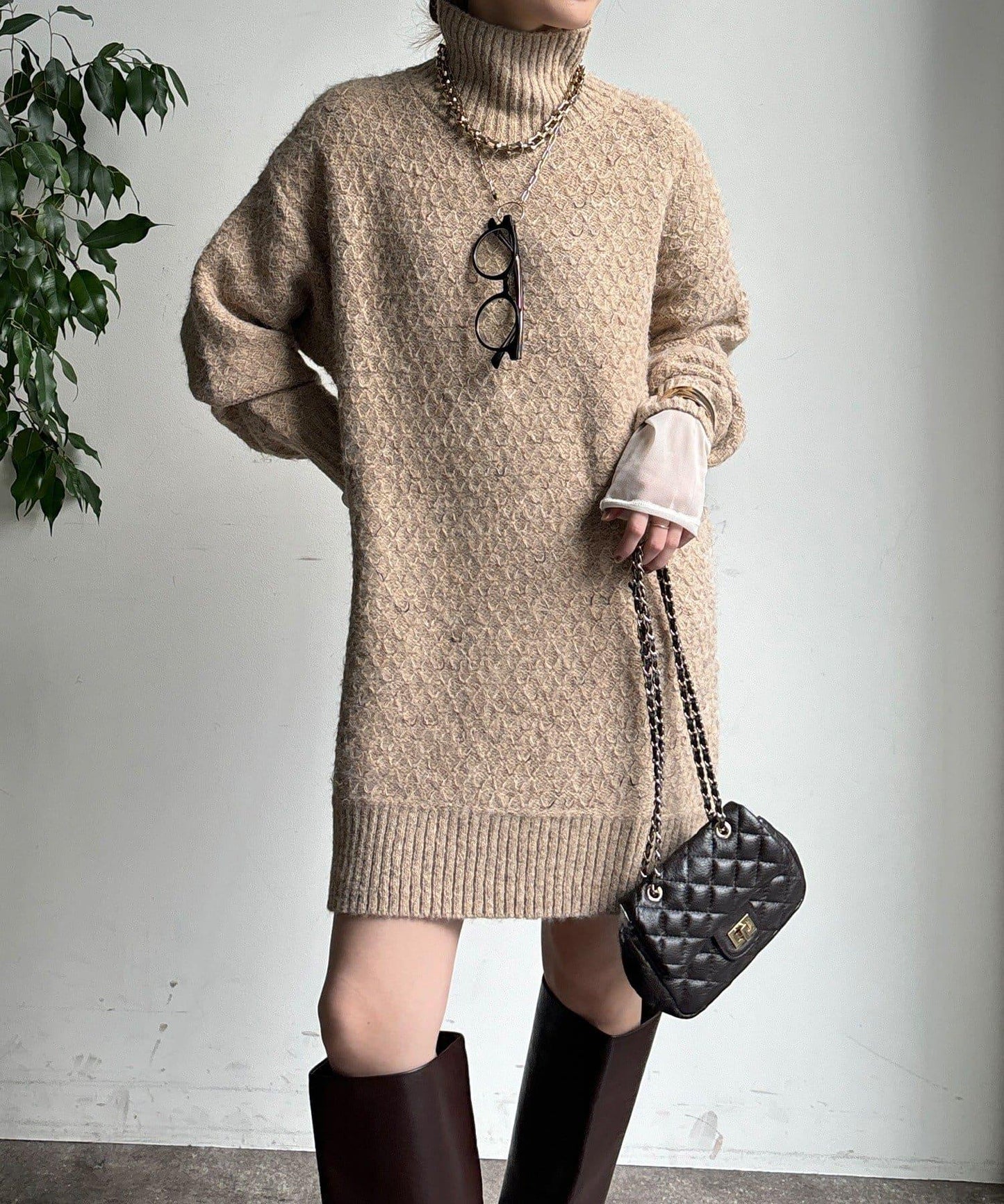 交叉編織高領長款針織衫