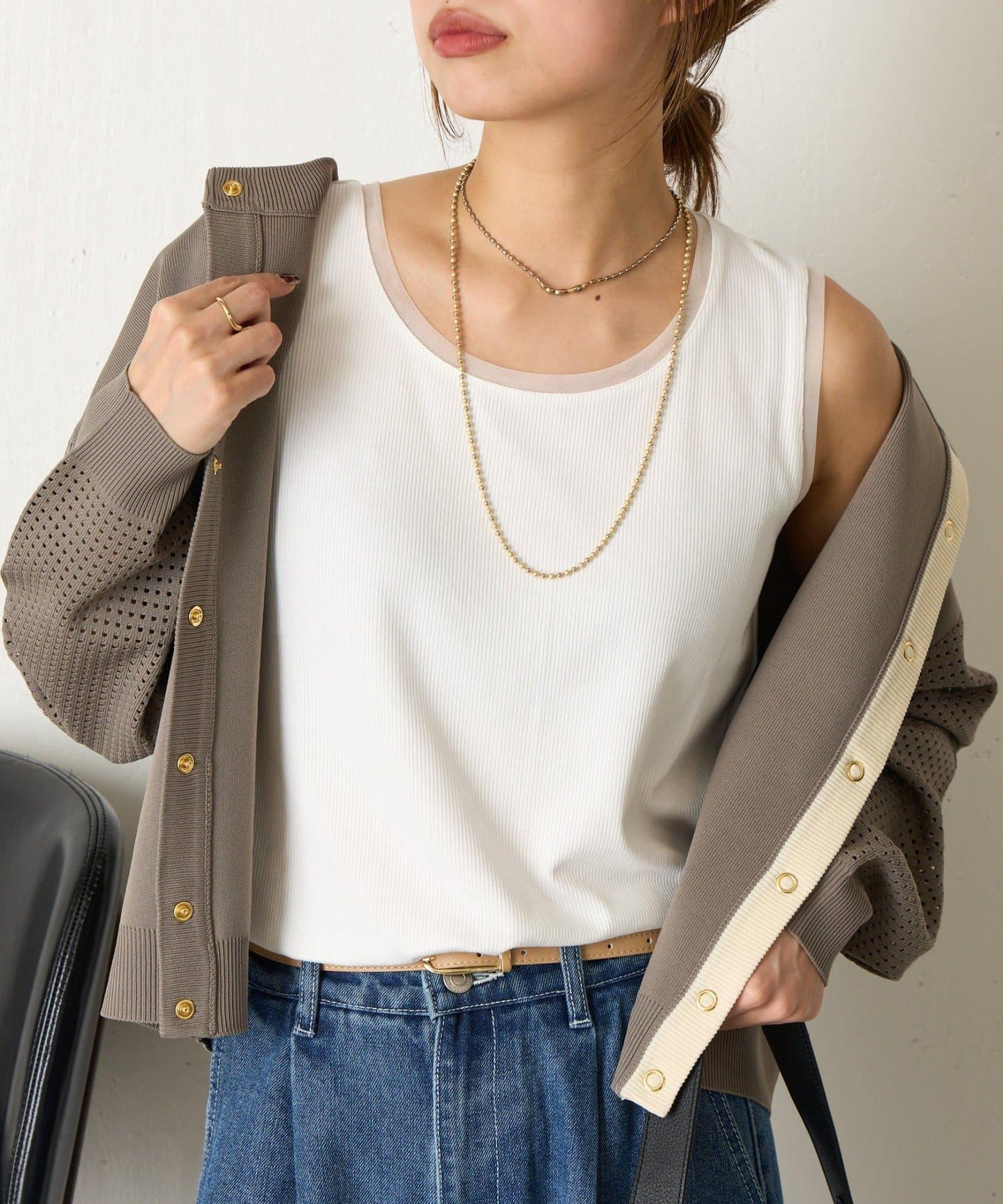 帶網紗拼接羅紋背心