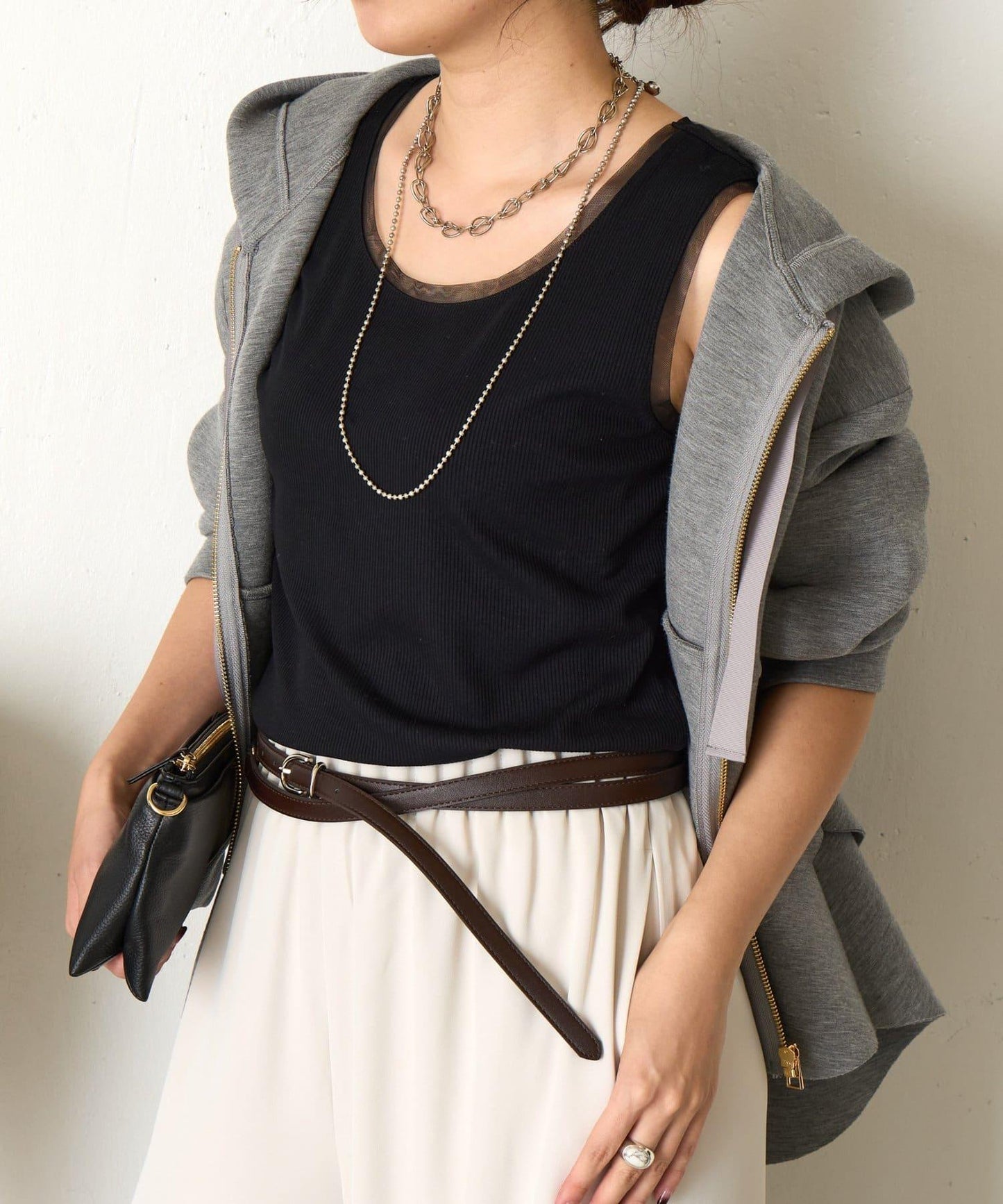 帶網紗拼接羅紋背心