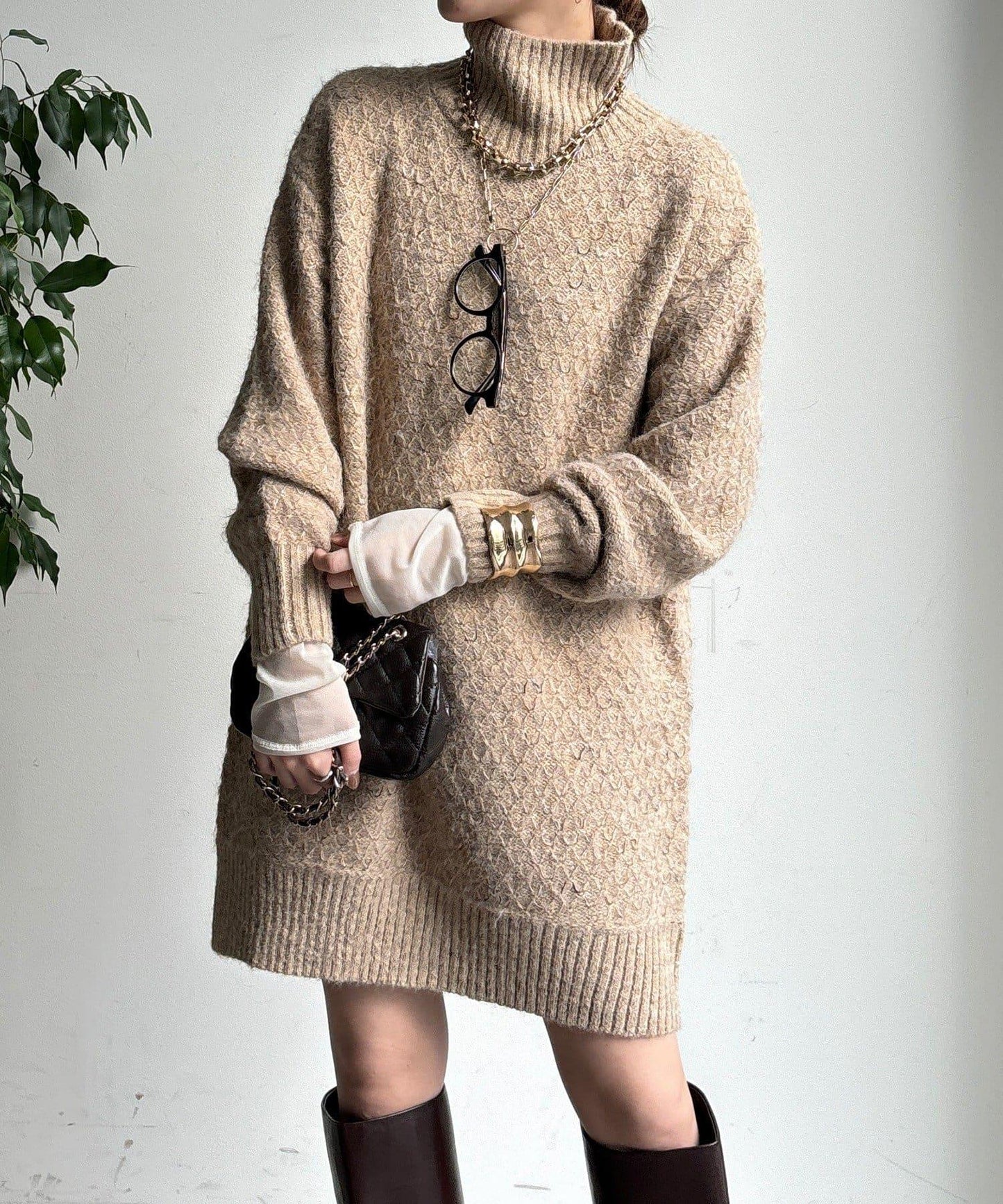 交叉編織高領長款針織衫