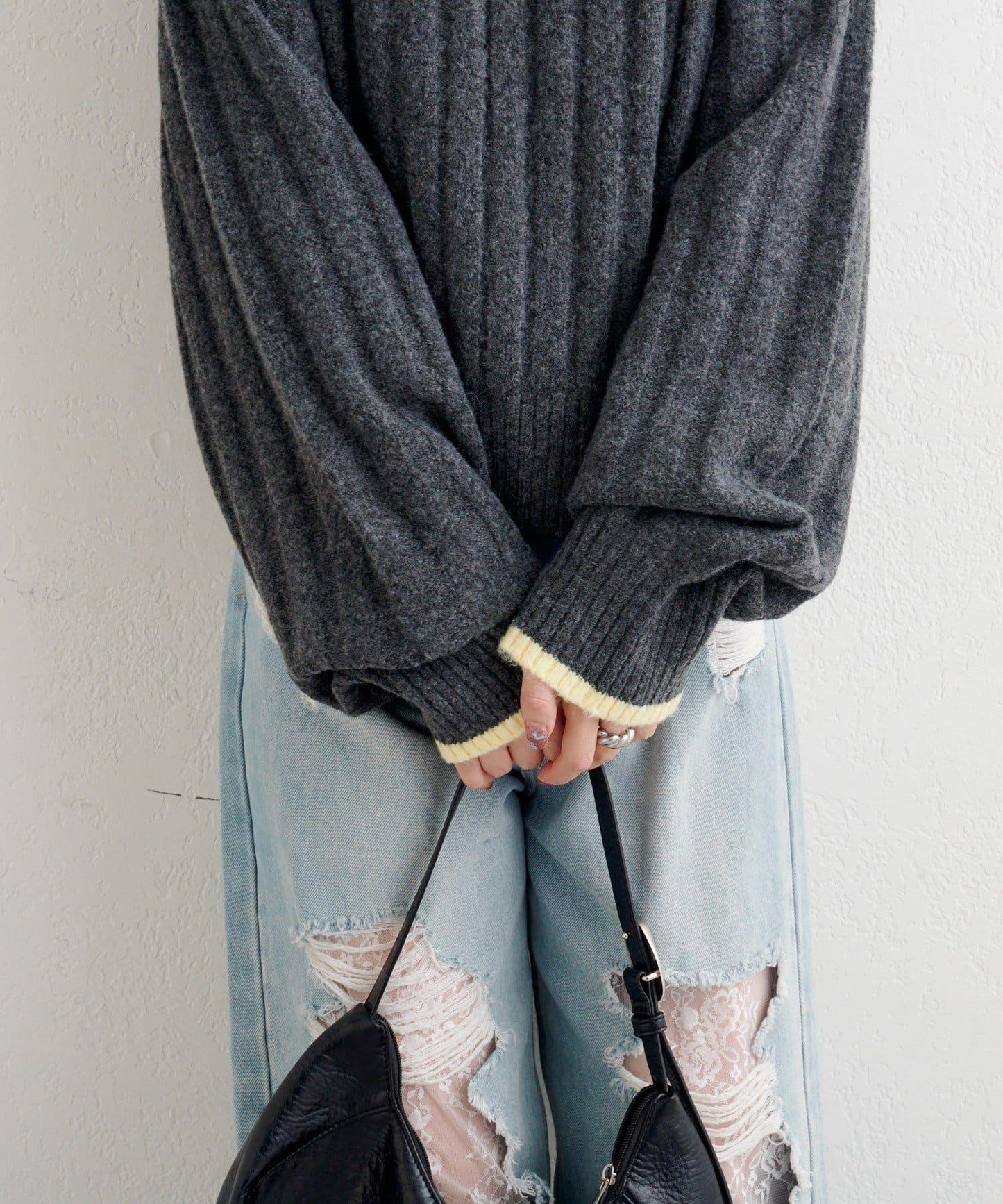 B 寬鬆羅紋針織套頭衫