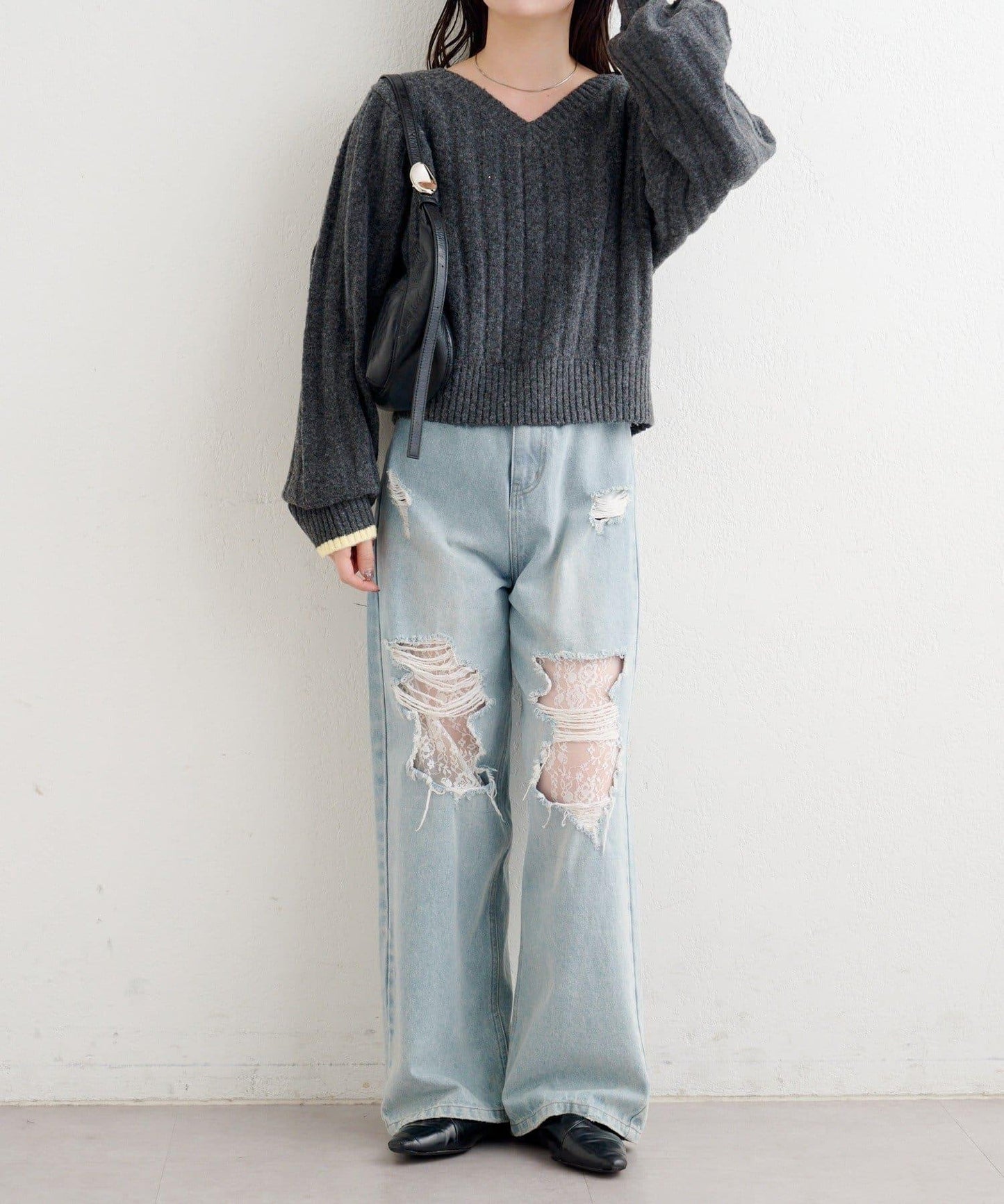 B 寬鬆羅紋針織套頭衫