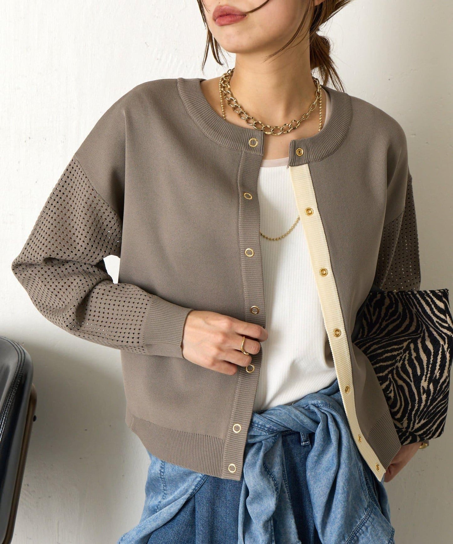 拼接袖網紗兩穿開衫