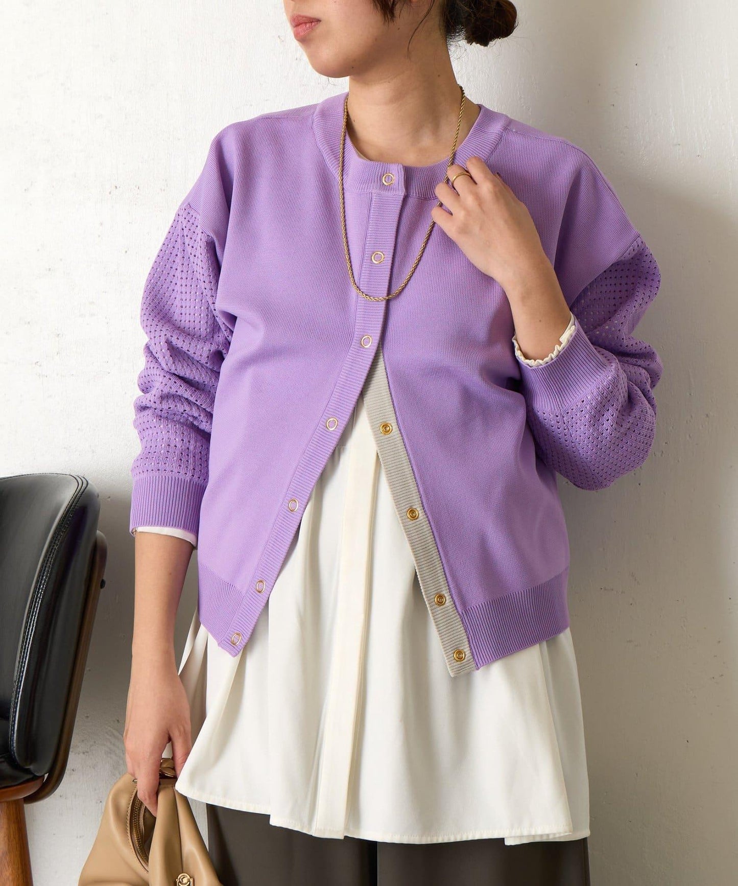 拼接袖網紗兩穿開衫