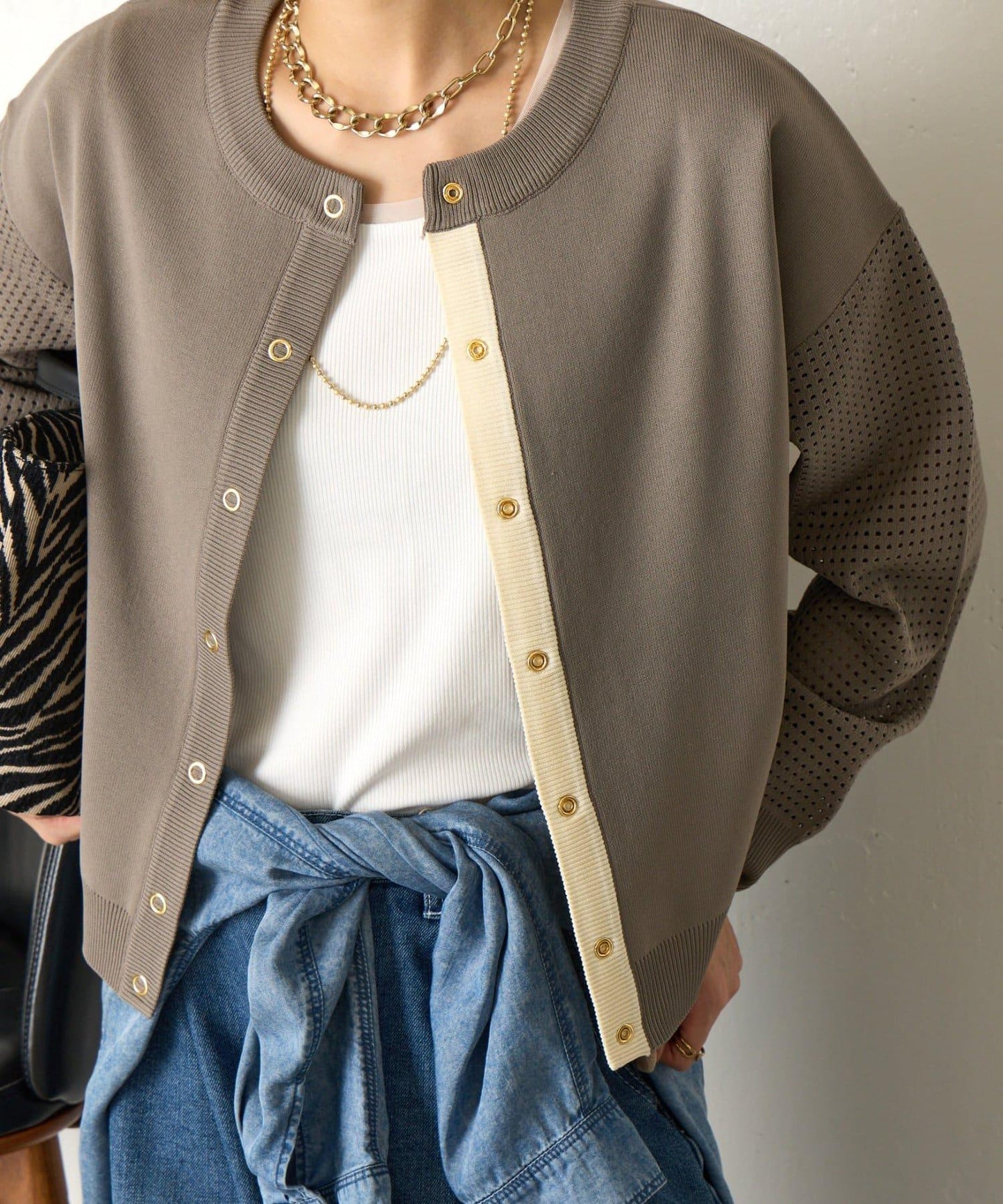 拼接袖網紗兩穿開衫