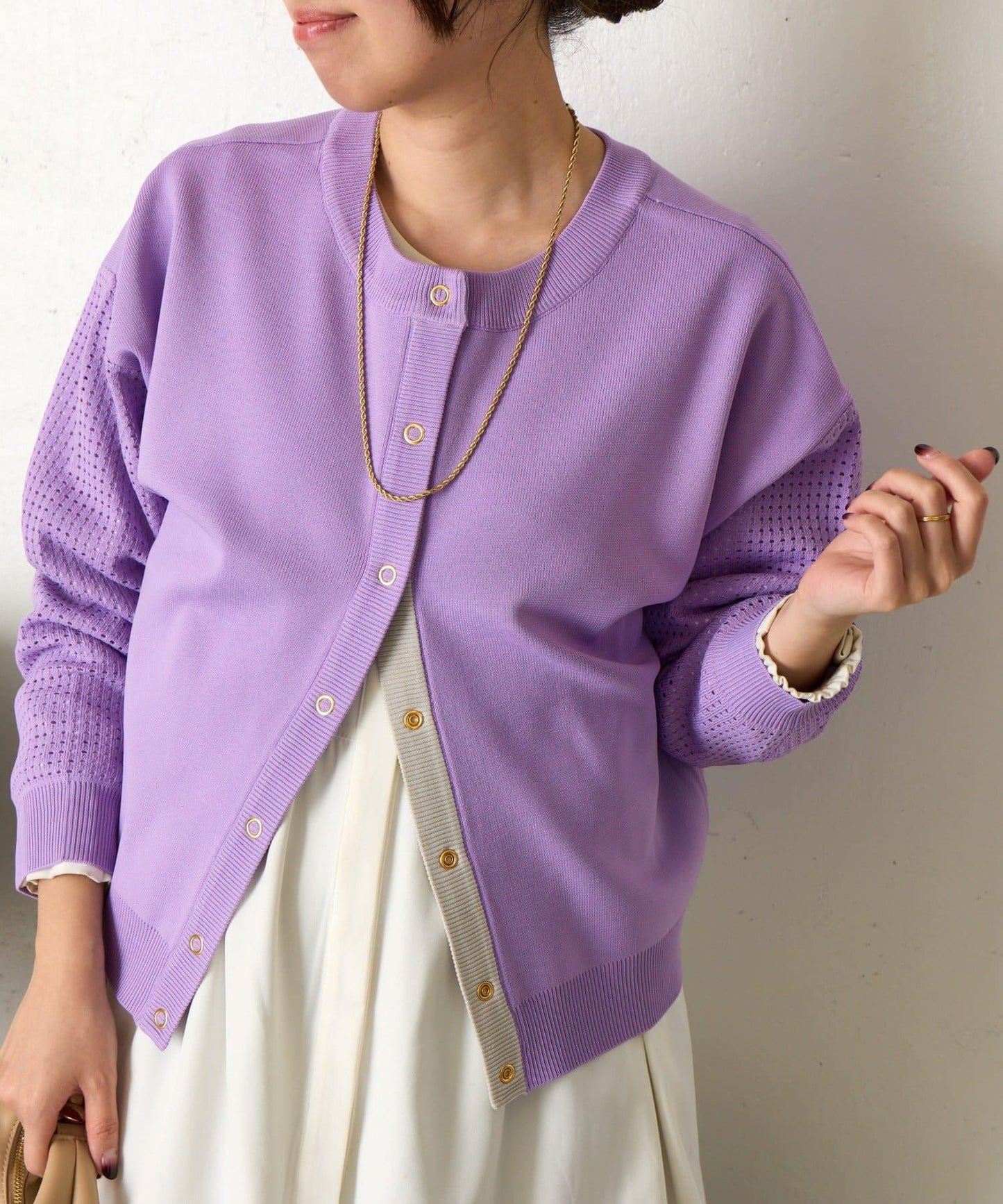 拼接袖網紗兩穿開衫