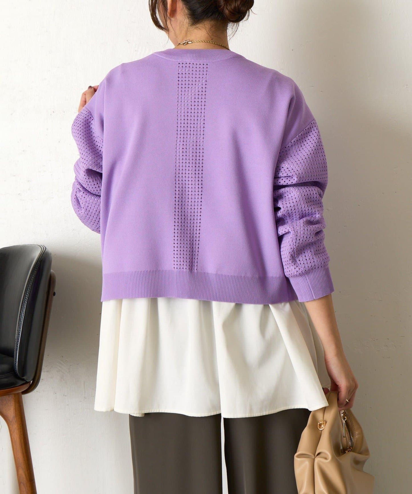 拼接袖網紗兩穿開衫