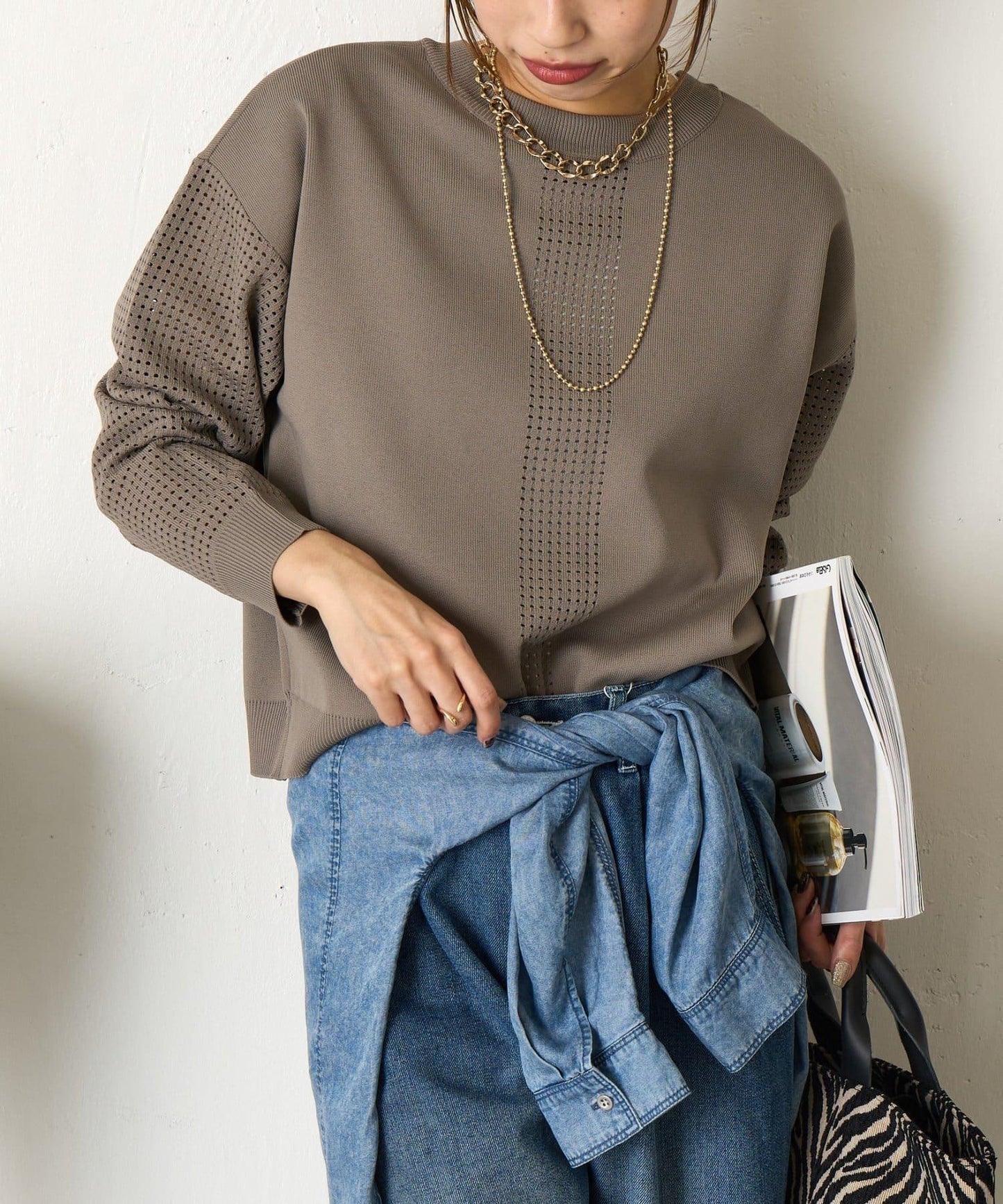 拼接袖網紗兩穿開衫