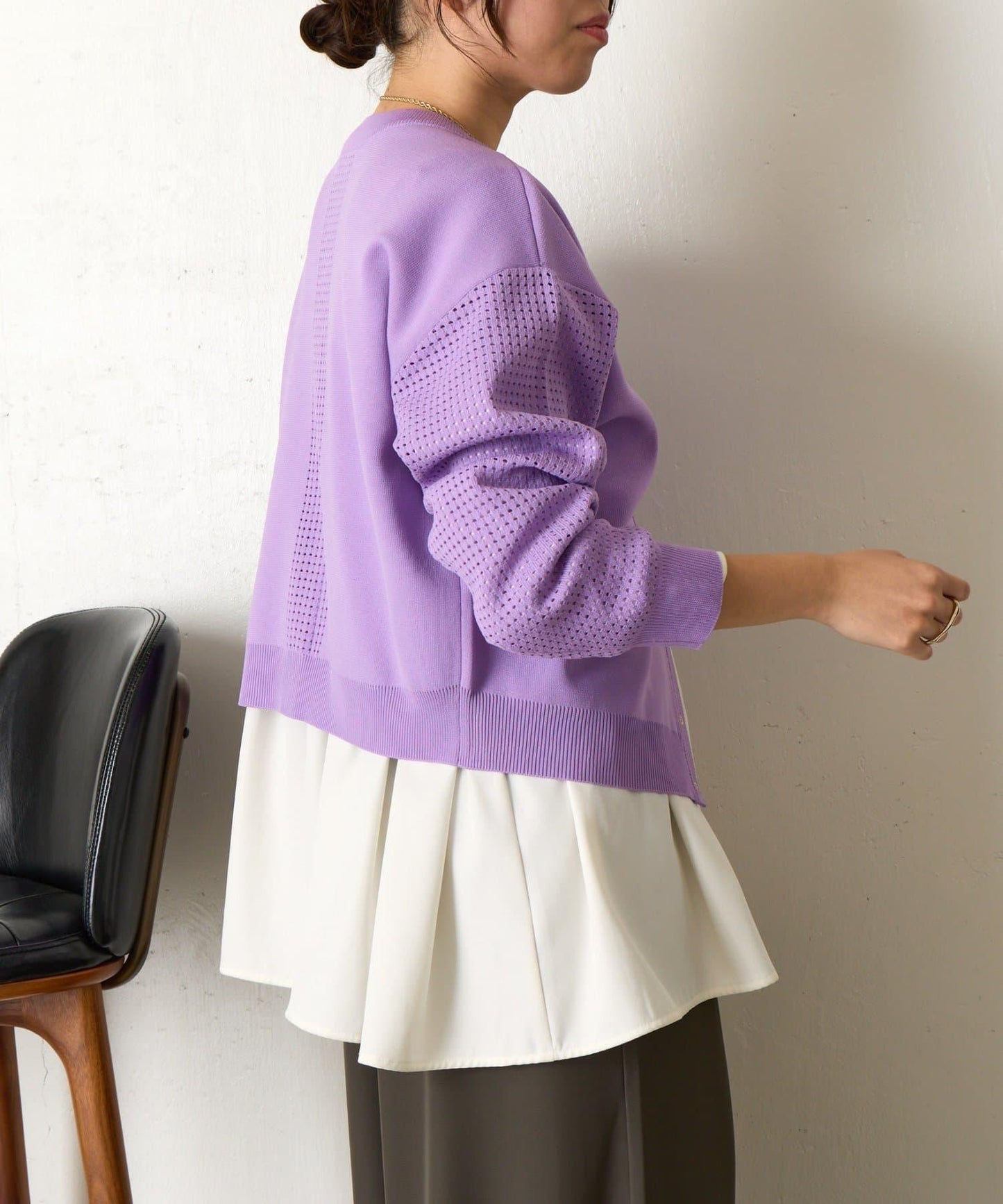 拼接袖網紗兩穿開衫