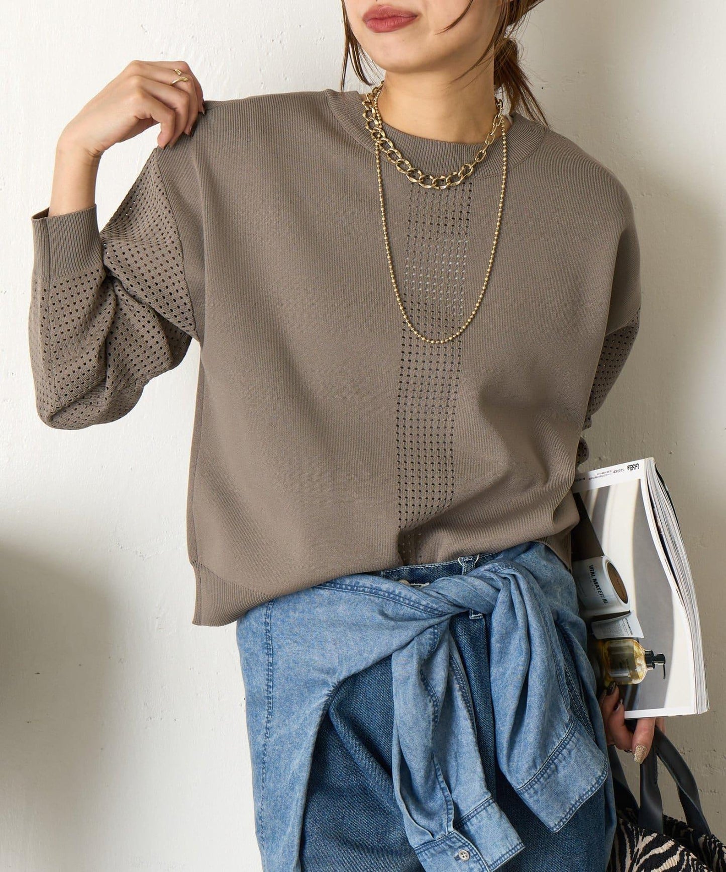 拼接袖網紗兩穿開衫