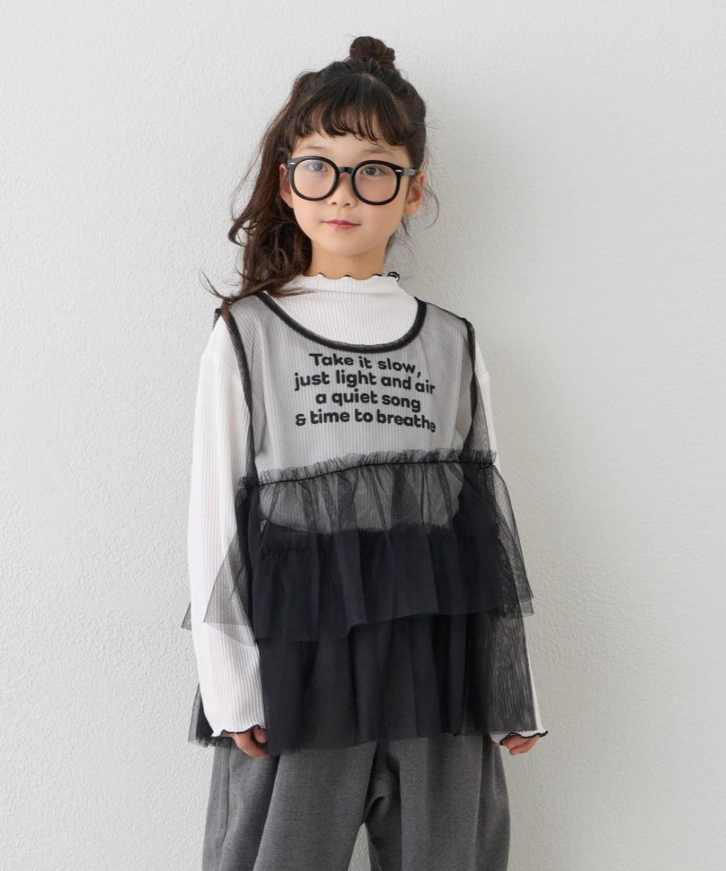 【KIDS】帶層疊網紗的羅紋上衣≪有大童尺碼≫