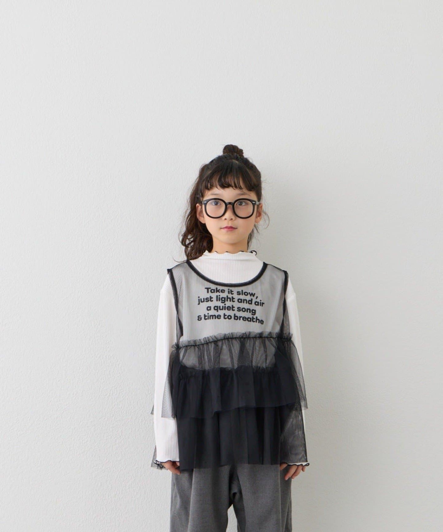 【KIDS】帶層疊網紗的羅紋上衣≪有大童尺碼≫