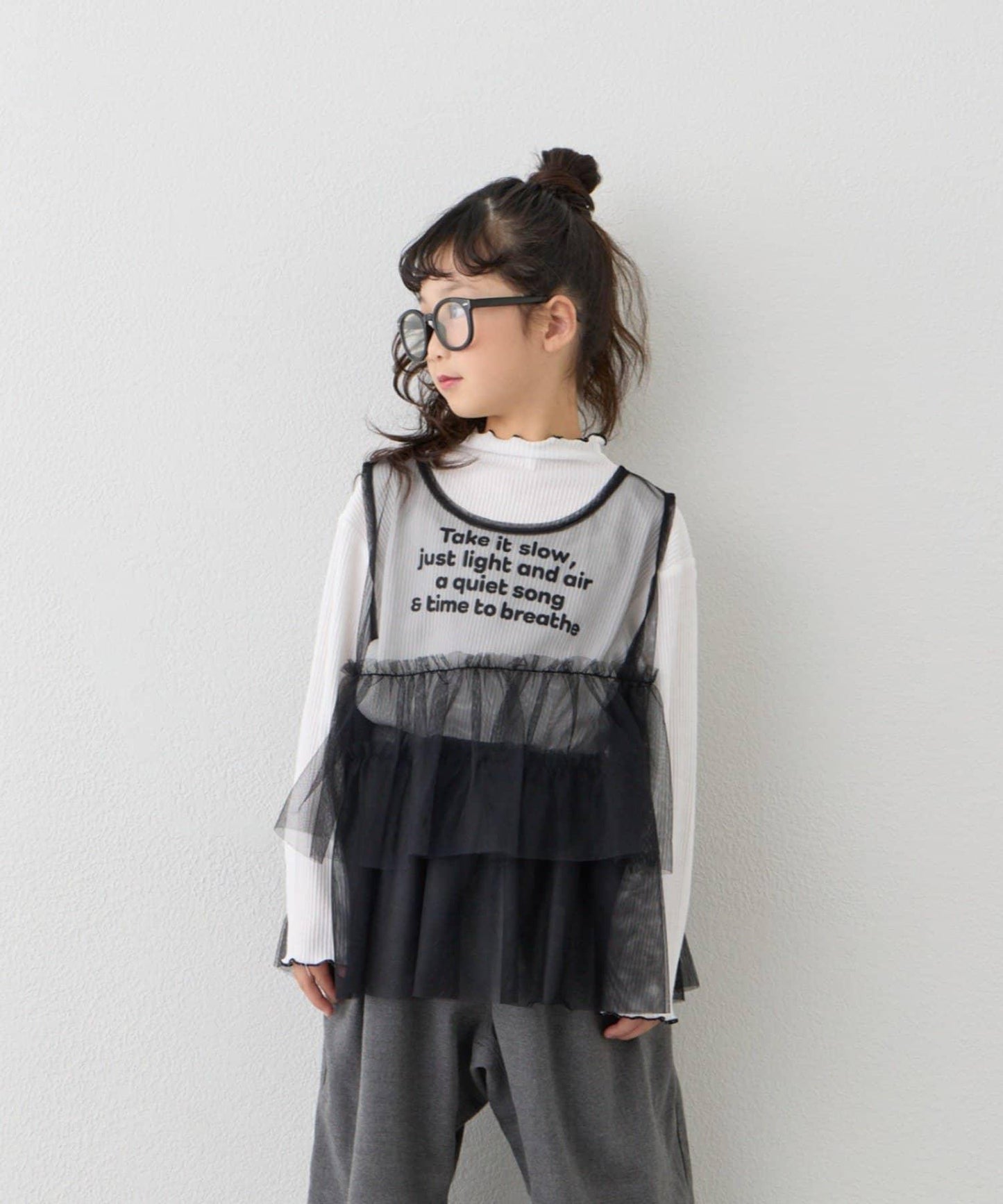 【KIDS】帶層疊網紗的羅紋上衣≪有大童尺碼≫