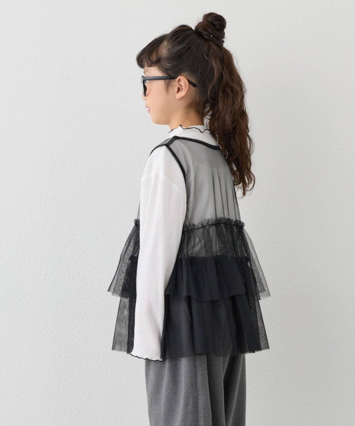 【KIDS】帶層疊網紗的羅紋上衣≪有大童尺碼≫