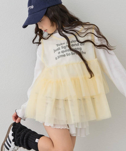 【KIDS】帶層疊網紗的羅紋上衣≪有大童尺碼≫