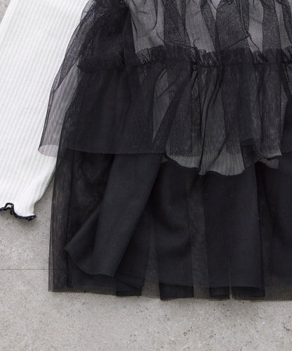 【KIDS】帶層疊網紗的羅紋上衣≪有大童尺碼≫