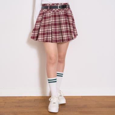 【起毛】帶腰帶格紋百褶裙