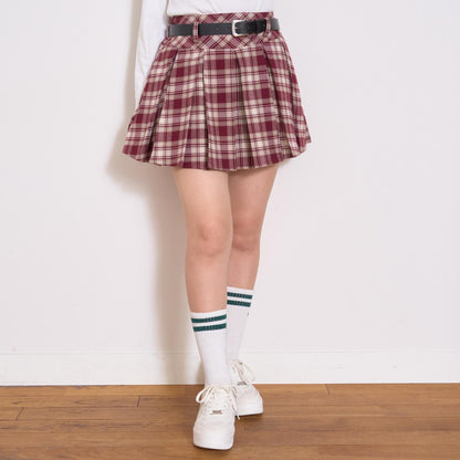 【起毛】帶腰帶格紋百褶裙