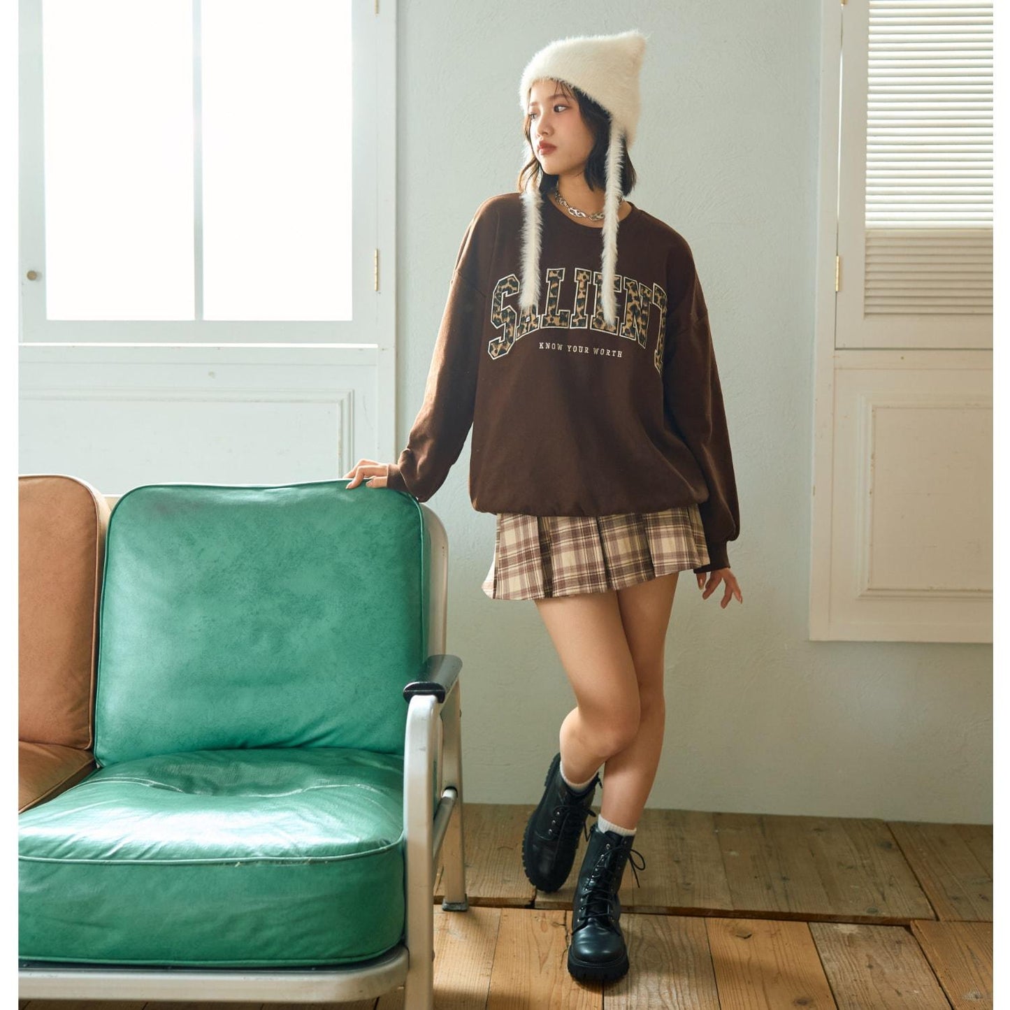 【起毛】帶腰帶格紋百褶裙