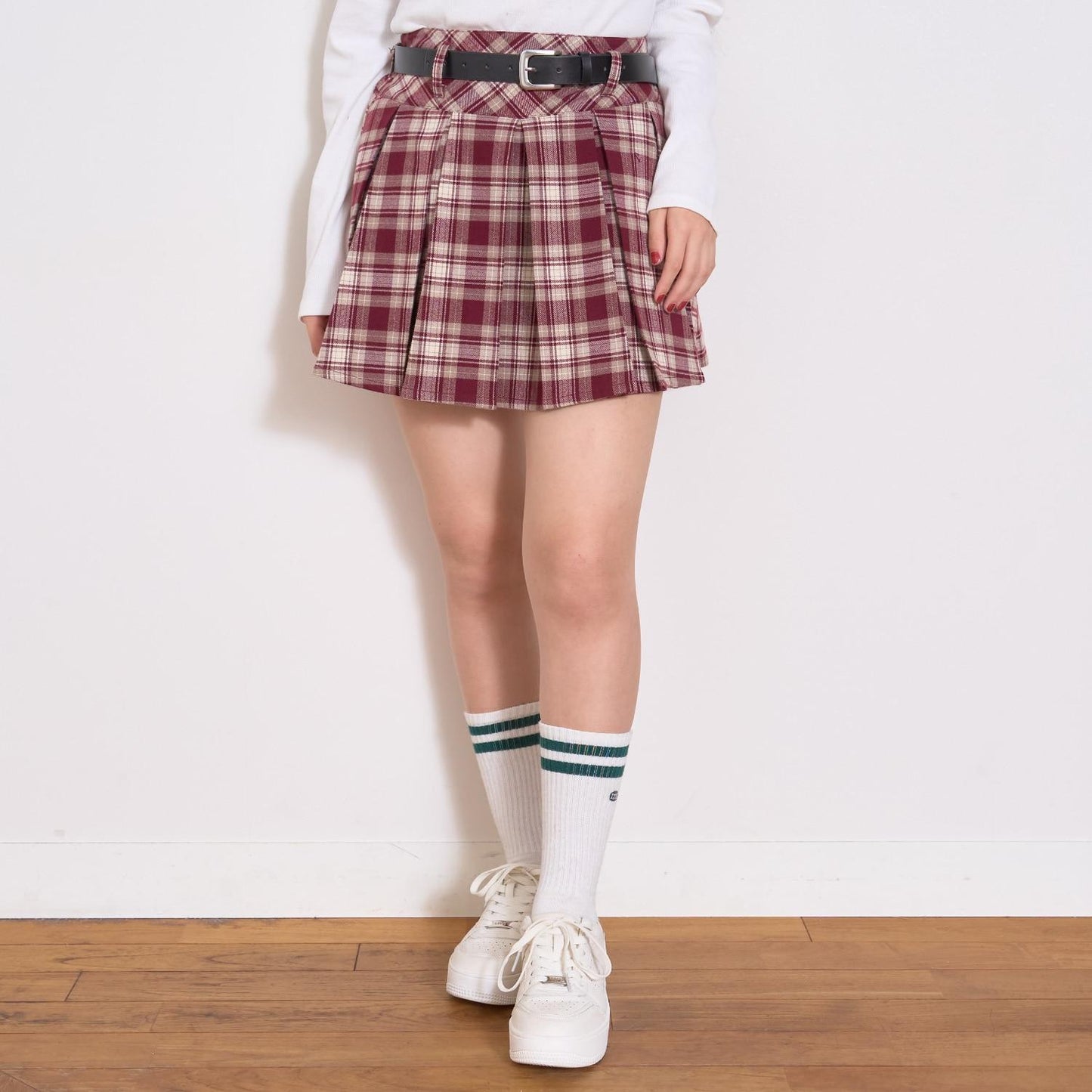 【起毛】帶腰帶格紋百褶裙