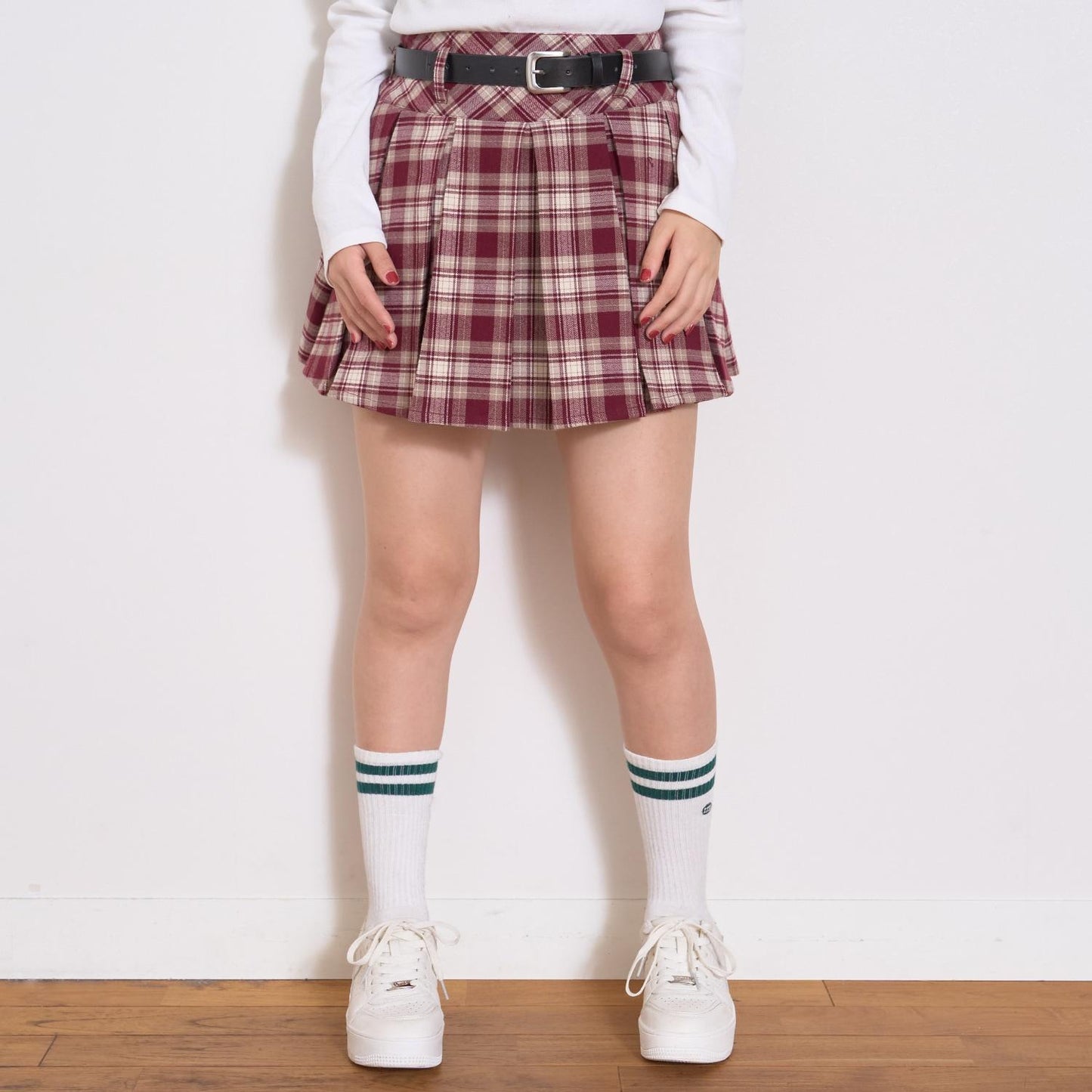 【起毛】帶腰帶格紋百褶裙