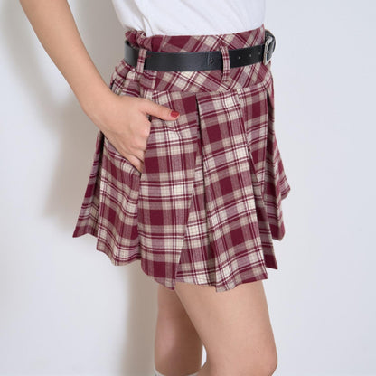 【起毛】帶腰帶格紋百褶裙