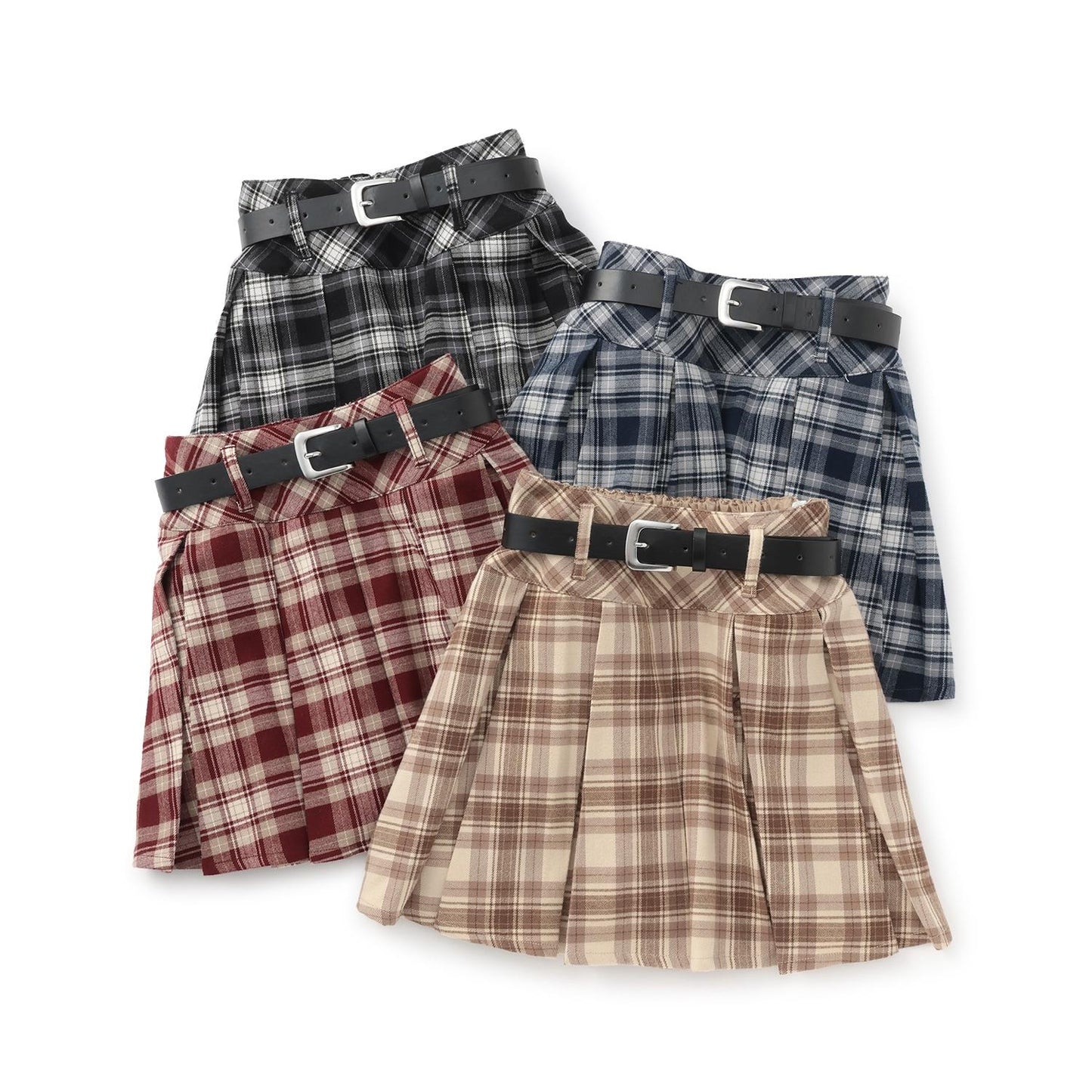 【起毛】帶腰帶格紋百褶裙