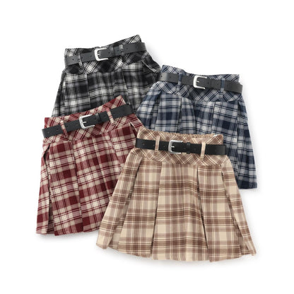 【起毛】帶腰帶格紋百褶裙