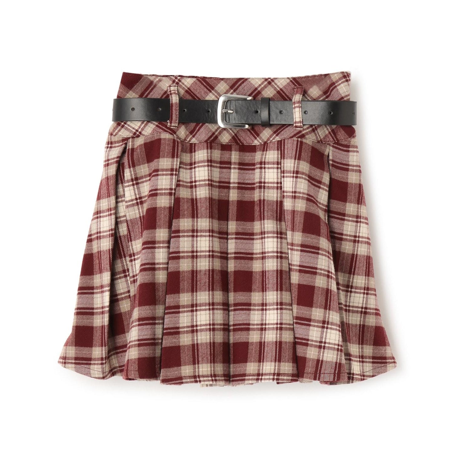 【起毛】帶腰帶格紋百褶裙