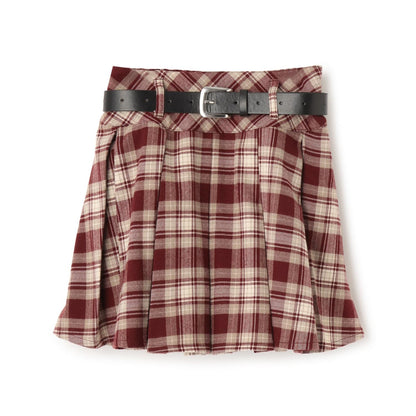 【起毛】帶腰帶格紋百褶裙