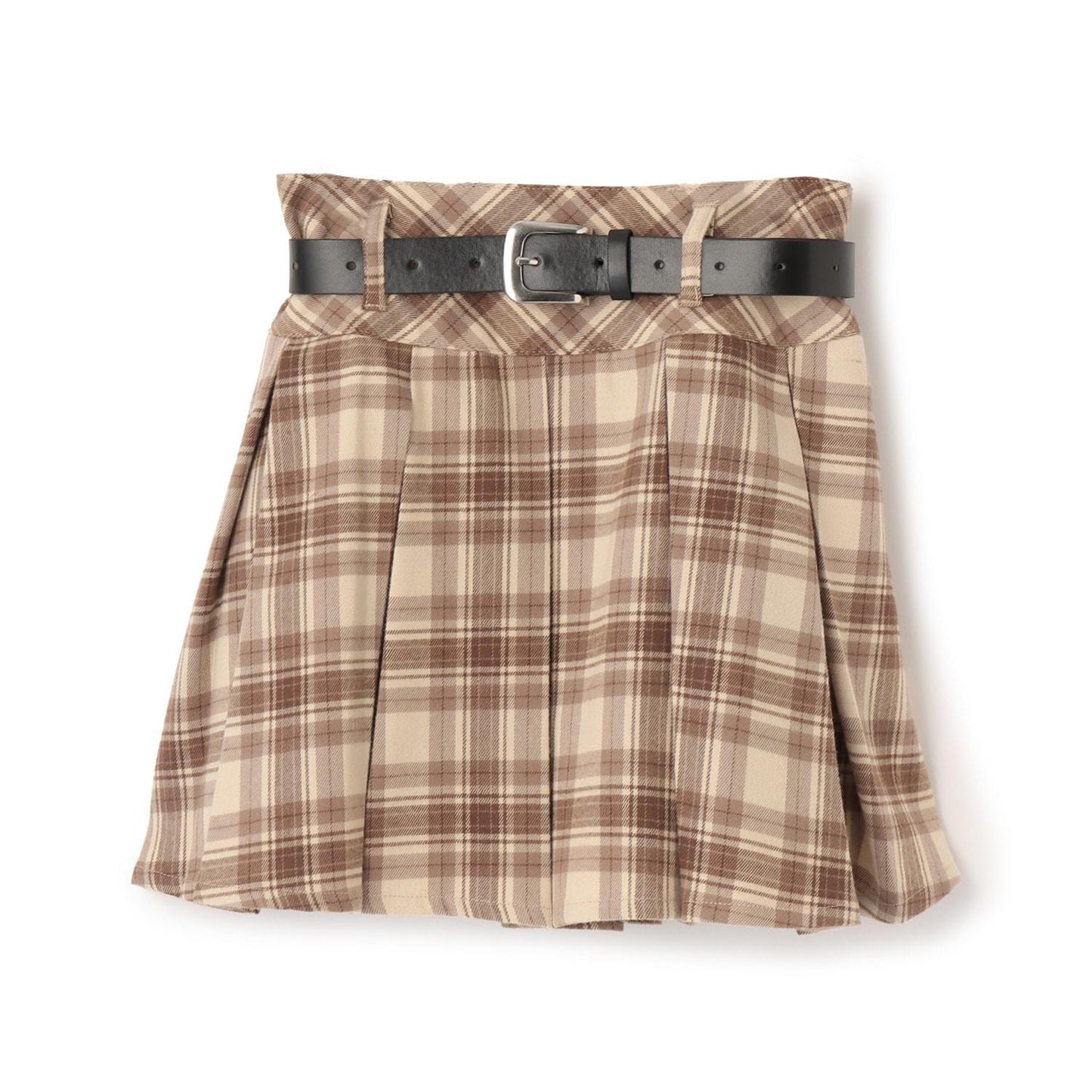 【起毛】帶腰帶格紋百褶裙