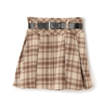 【起毛】帶腰帶格紋百褶裙