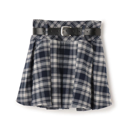 【起毛】帶腰帶格紋百褶裙