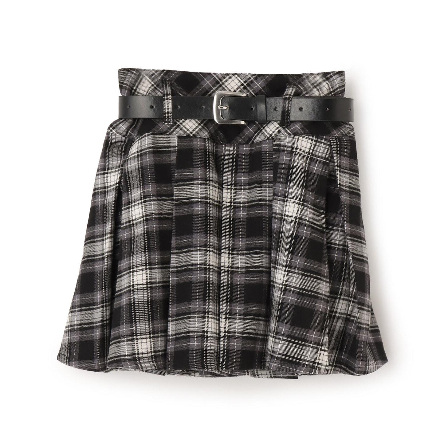 【起毛】帶腰帶格紋百褶裙