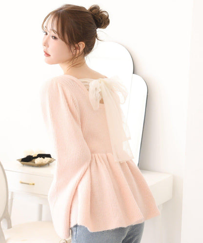 露背蝴蝶結羽毛裝飾荷葉邊針織衫