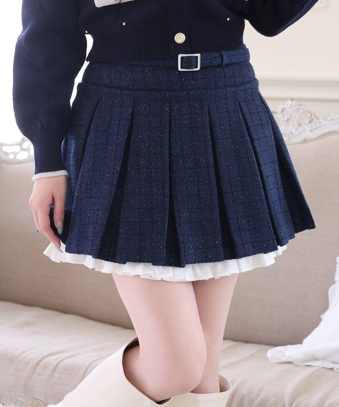 帶腰帶層疊百褶迷你裙