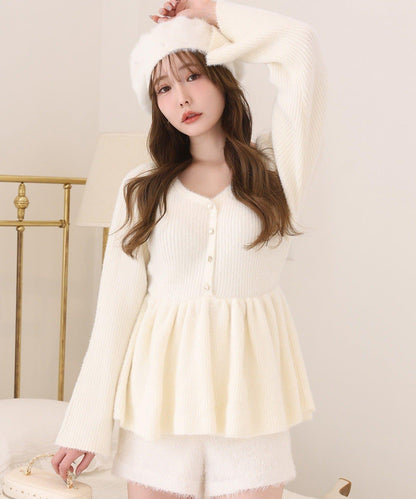 露背蝴蝶結羽毛裝飾荷葉邊針織衫