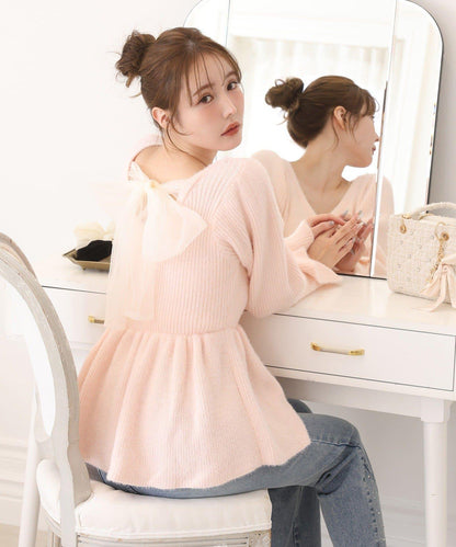 露背蝴蝶結羽毛裝飾荷葉邊針織衫