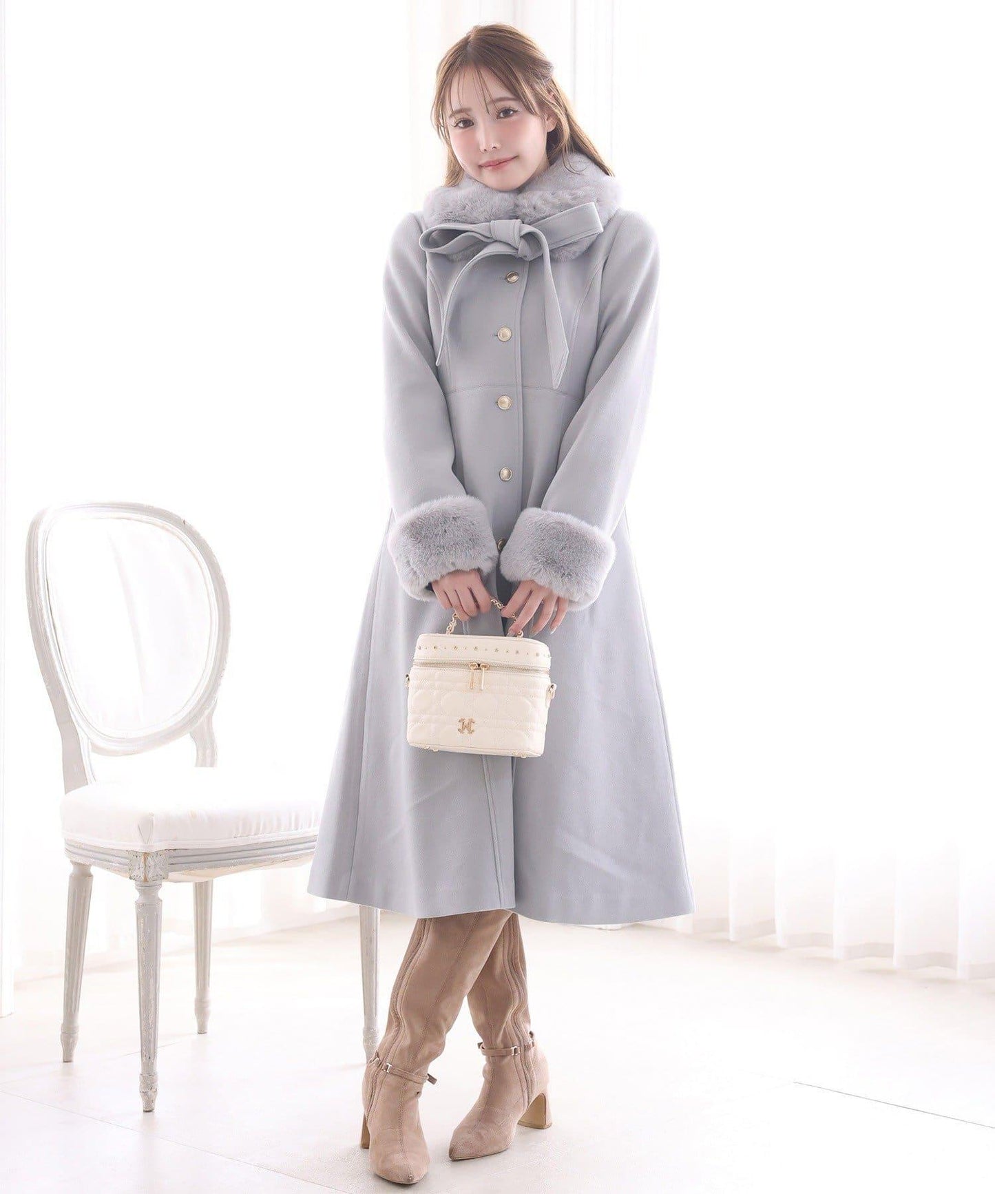 【有尺碼可選】毛領/毛袖多功能蝴蝶結長款大衣