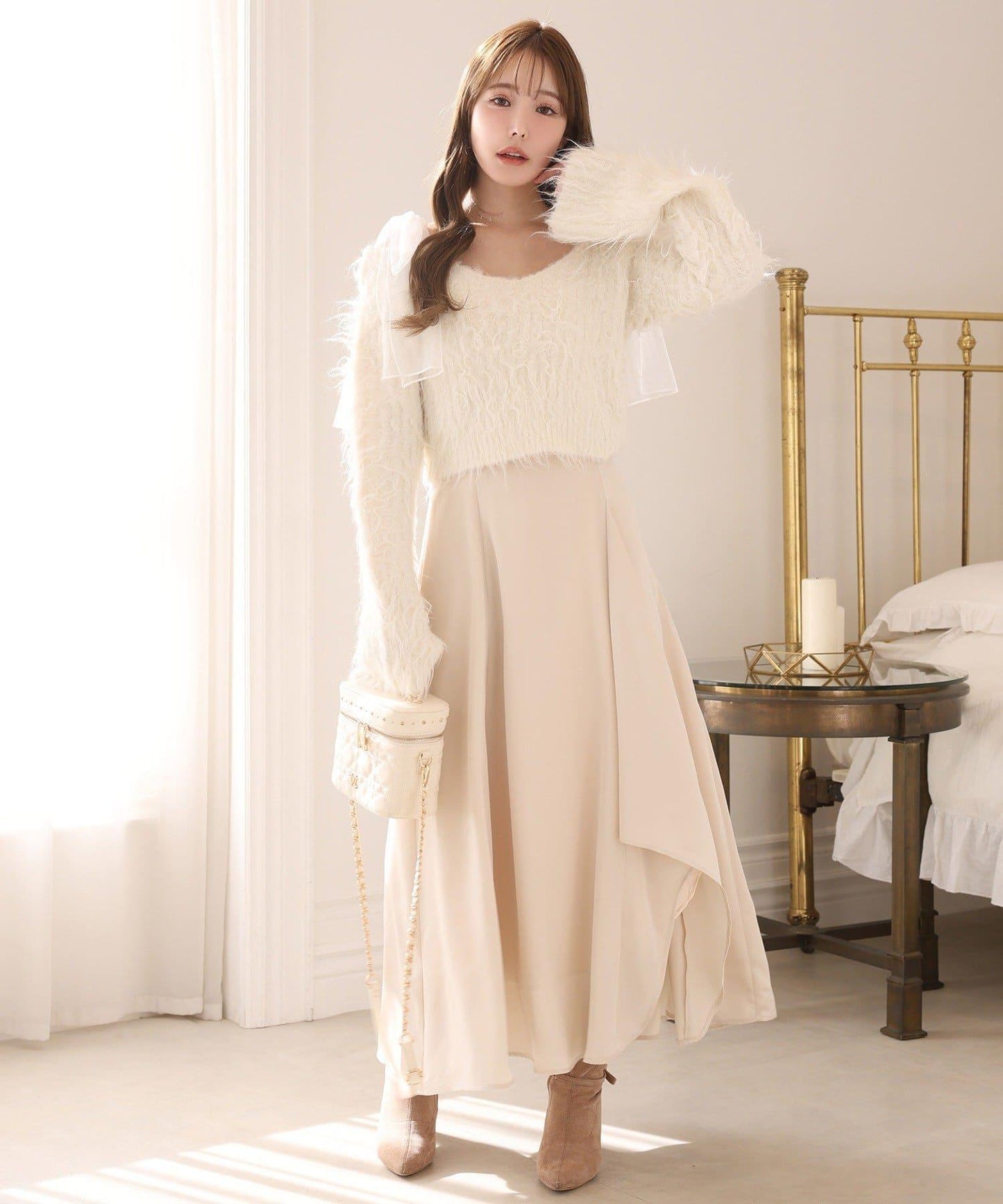 肩帶蝴蝶結針織套裝連衣裙