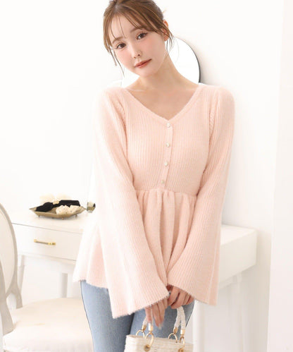 露背蝴蝶結羽毛裝飾荷葉邊針織衫