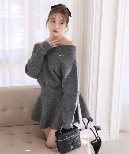 一字肩針織套裝