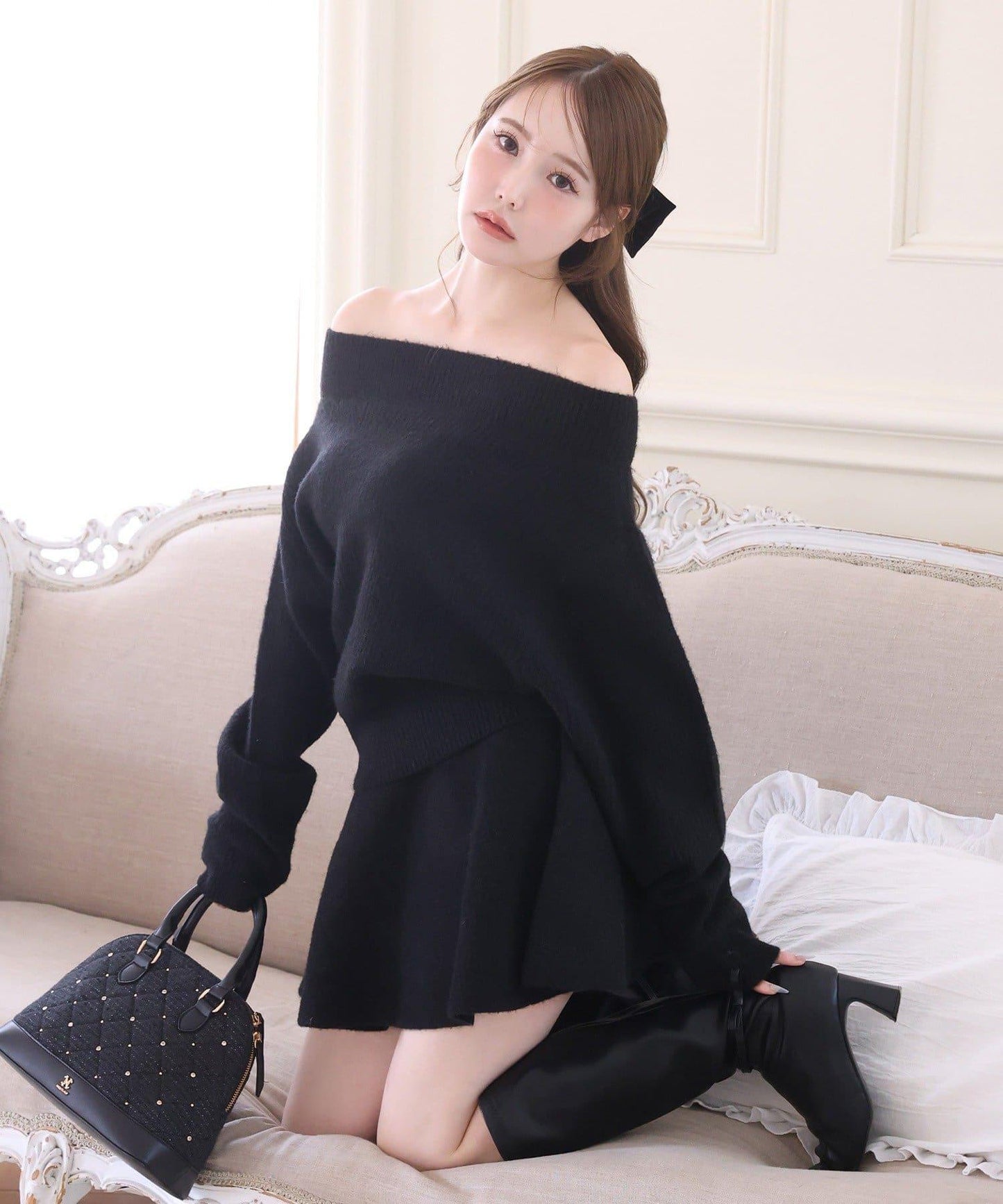 一字肩針織套裝