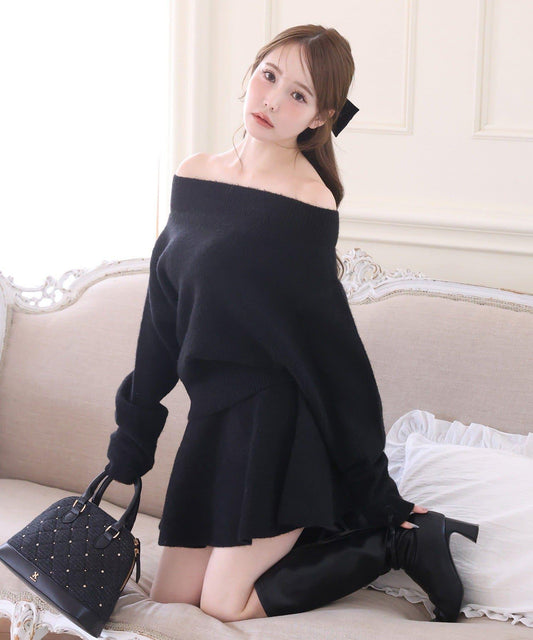 一字肩針織套裝