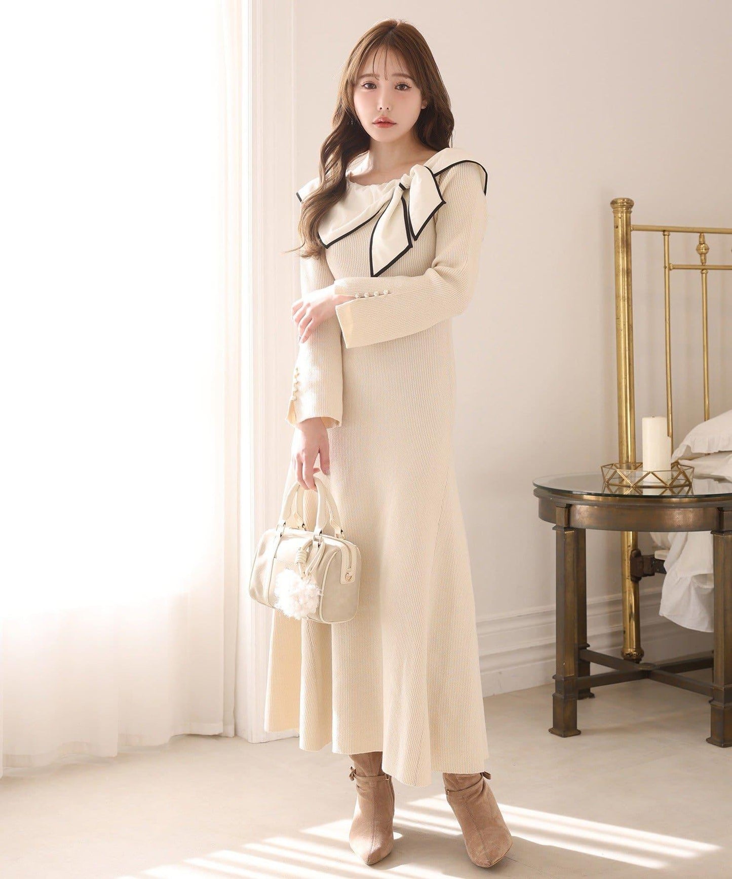 蝴蝶結針織長款連衣裙